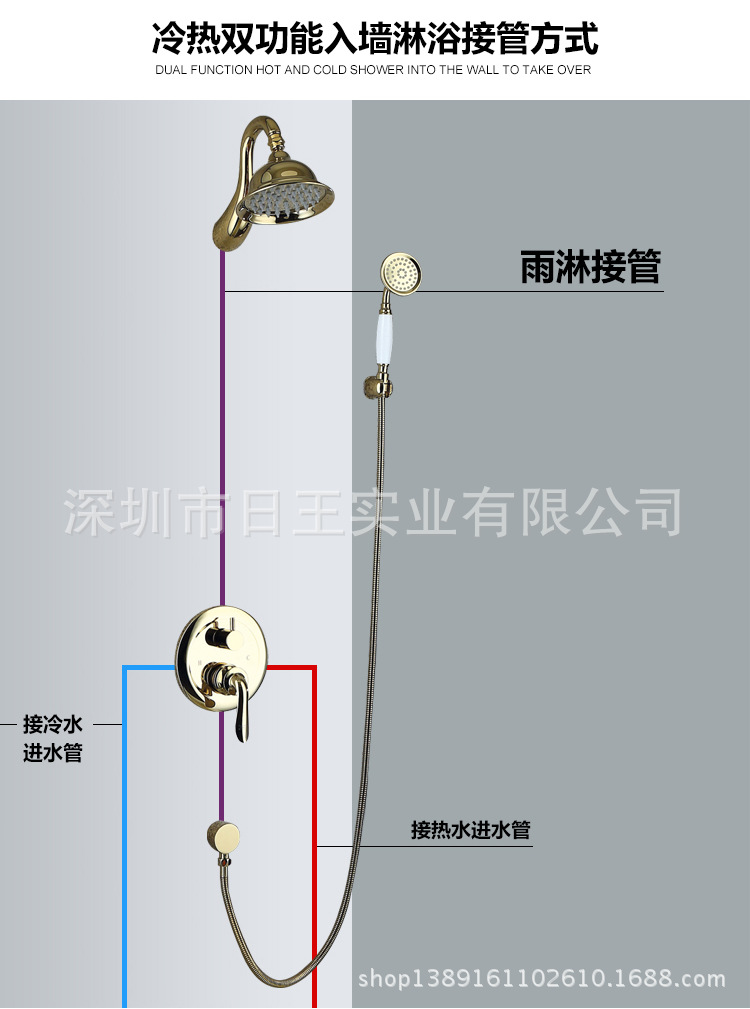 钛金色暗装淋浴花洒套装冷热水龙头雨淋酒店会所专用洗澡用示例图14