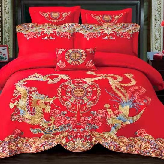 纯棉婚庆四件套大红色刺绣结婚床品新婚六八十件套全棉被套1.8m床