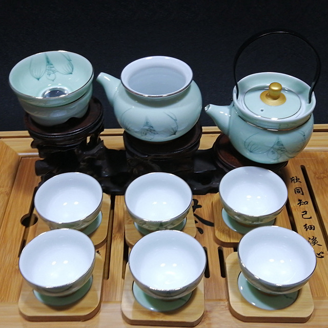 厂家直销景德镇陶瓷茶具 17头功夫茶具套装 手绘功夫茶杯 金底影青釉