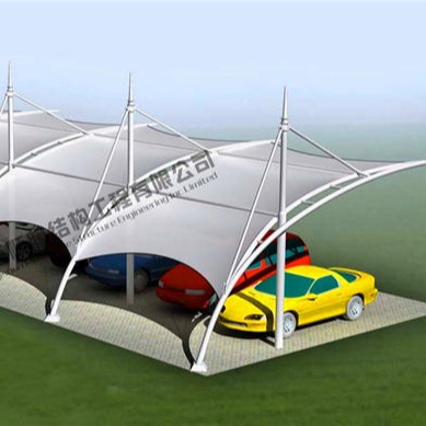 钢结构白色帐篷布车棚，钢结构白色雨布车棚，钢结构拉膜车棚图片