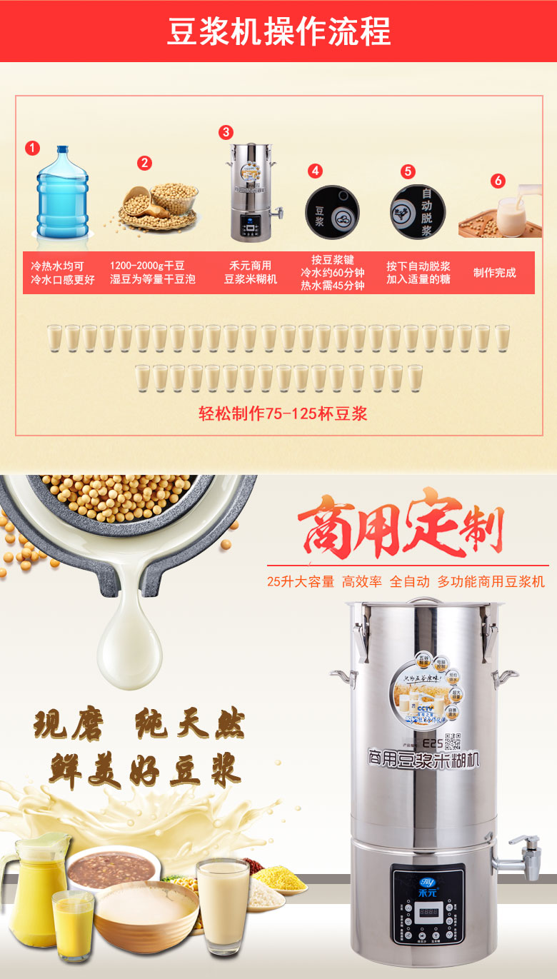 禾元豆浆机商用E25全自动15-25升 渣浆分离豆浆机示例图6