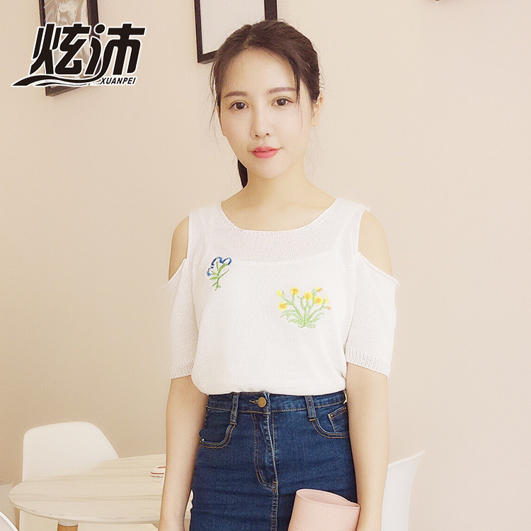 露肩圆领针织T恤衫 纯色休闲修身短袖 2018夏季新款韩版女装图片