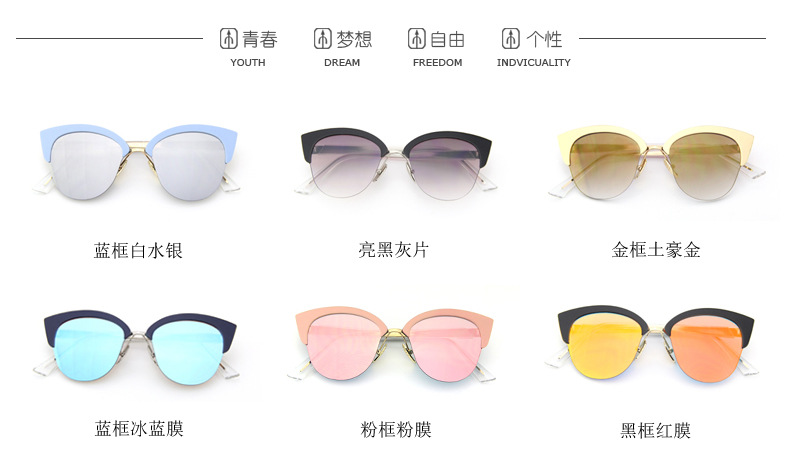 2016新品韩版糖果色半框太阳镜 潮人墨镜 彩膜墨镜大圆形太阳眼镜示例图5