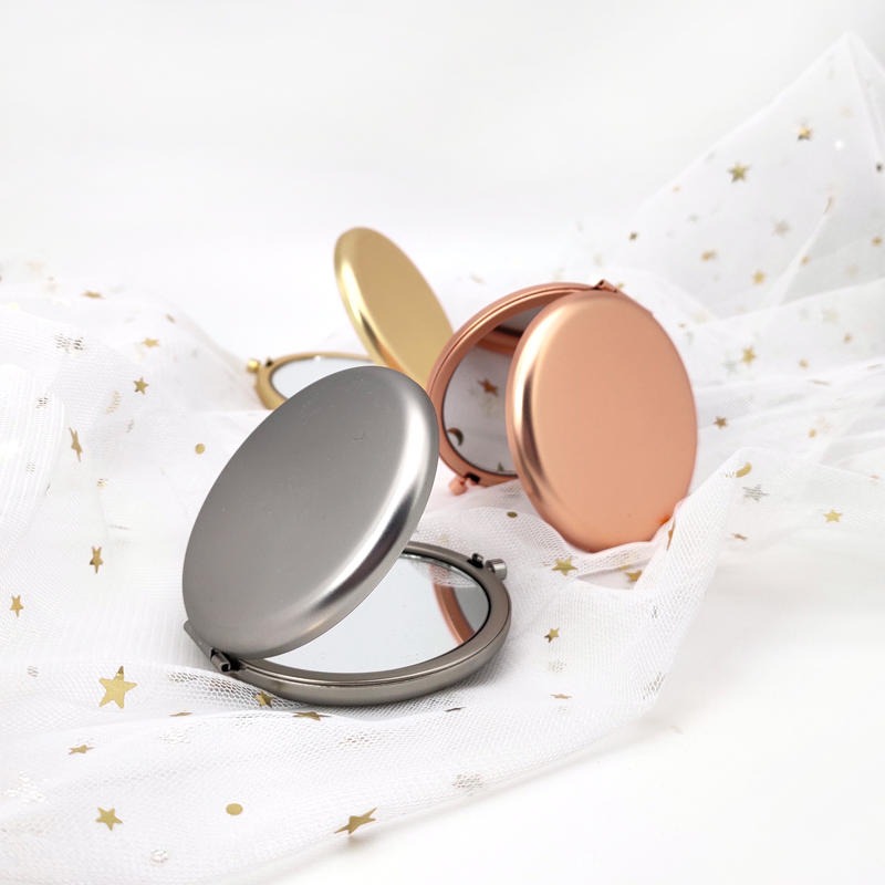 圆形哑光小镜子便携随身迷你镜65mm折叠双面镜哑金色手持化妆镜