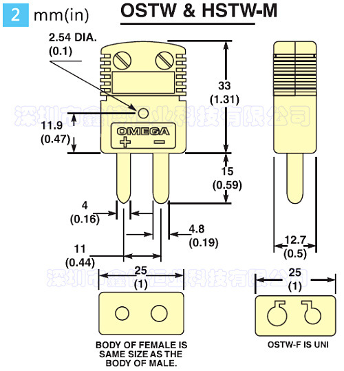 OSTW-J-M-S大号实心公插 美国OMEGA热电偶连接器 黑色端子 母座示例图2
