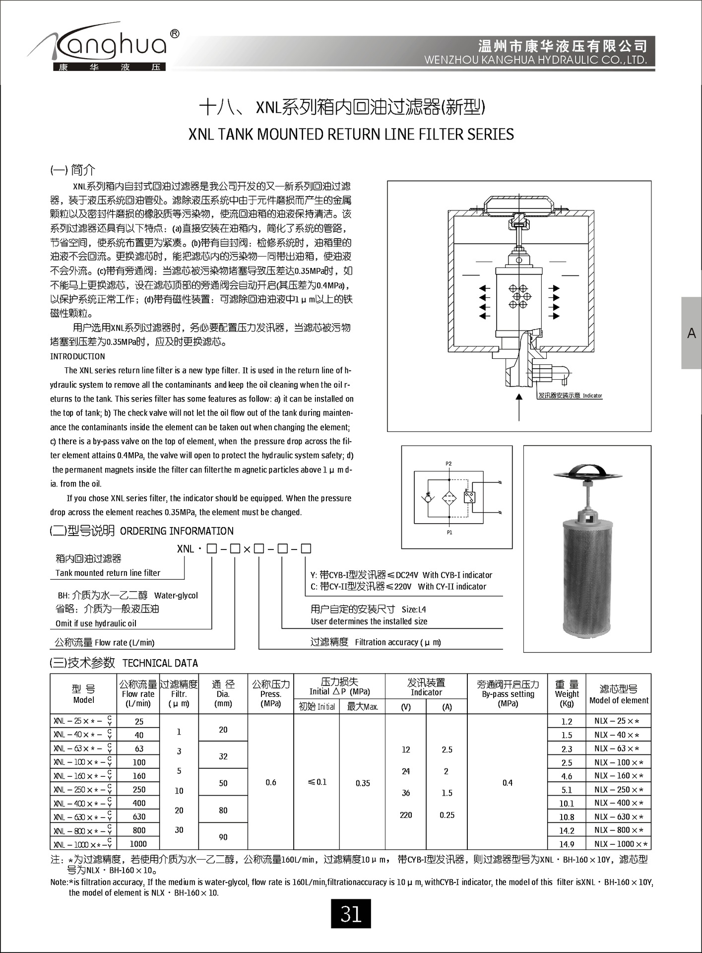 供应回油滤油器XNL-100×10 20 30-C/Y，箱内 回油过滤器示例图1