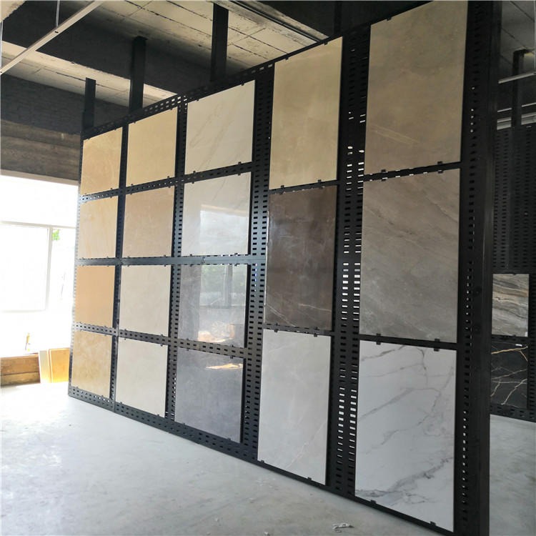 迅鹰金属方孔板展示架   陶瓷800样品挂板生产    韶山市瓷砖货架展示架