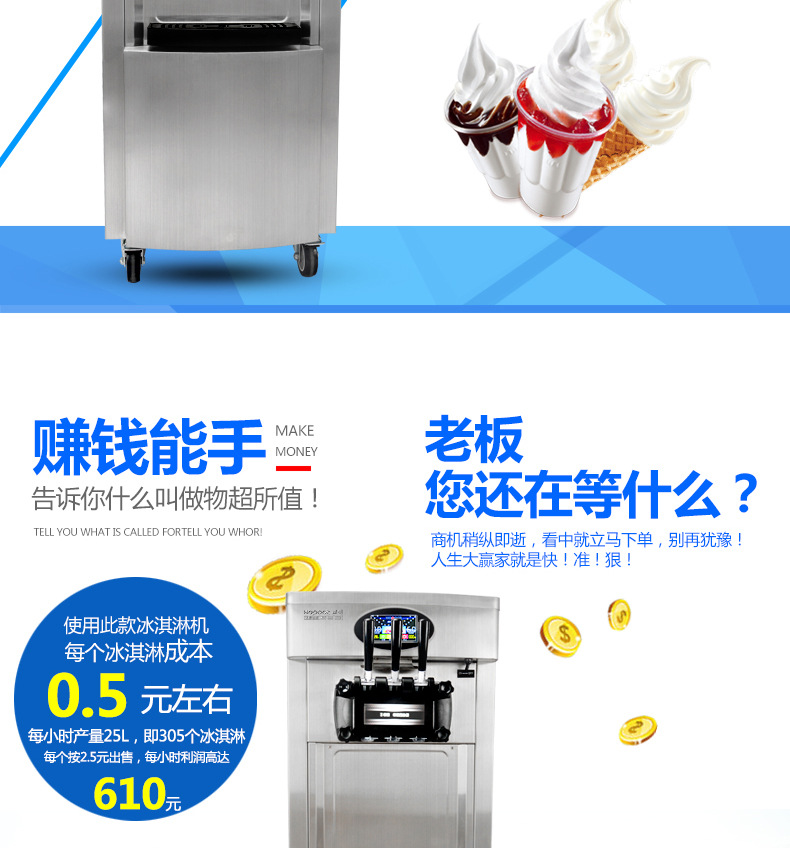浩博商用全自动冰淇淋机 立式三色甜筒雪糕机 不锈钢软质冰激凌机示例图5