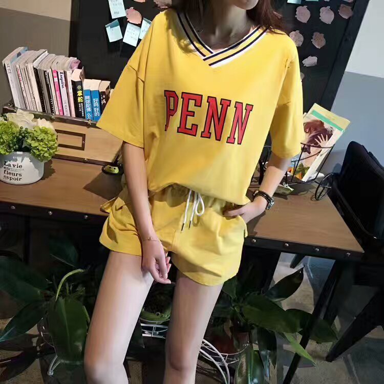 夏季新款韩版女装　棉Ｖ领字母短袖抽绳宽松短裤二件套女批发ＡＷ