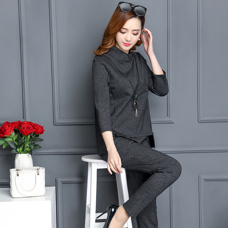 2018春季新款韩版九分裤套装纯色不规则针织休闲套装女装一件代发图片