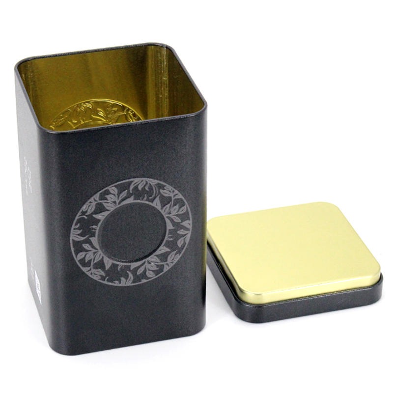 马口铁罐生产厂家  内塞盖铁皮茶叶罐  黑色正方形茶叶包装铁盒 麦氏罐业 金属罐制造公司图片
