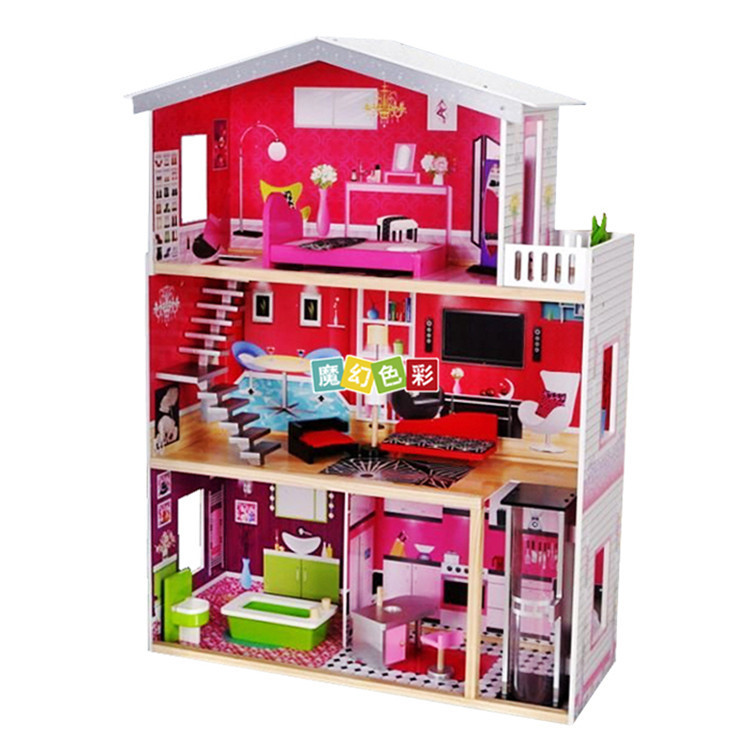 新款上市女孩红色尖头过家家娃娃屋仿真颜色丰富娃娃屋木制玩具示例图2