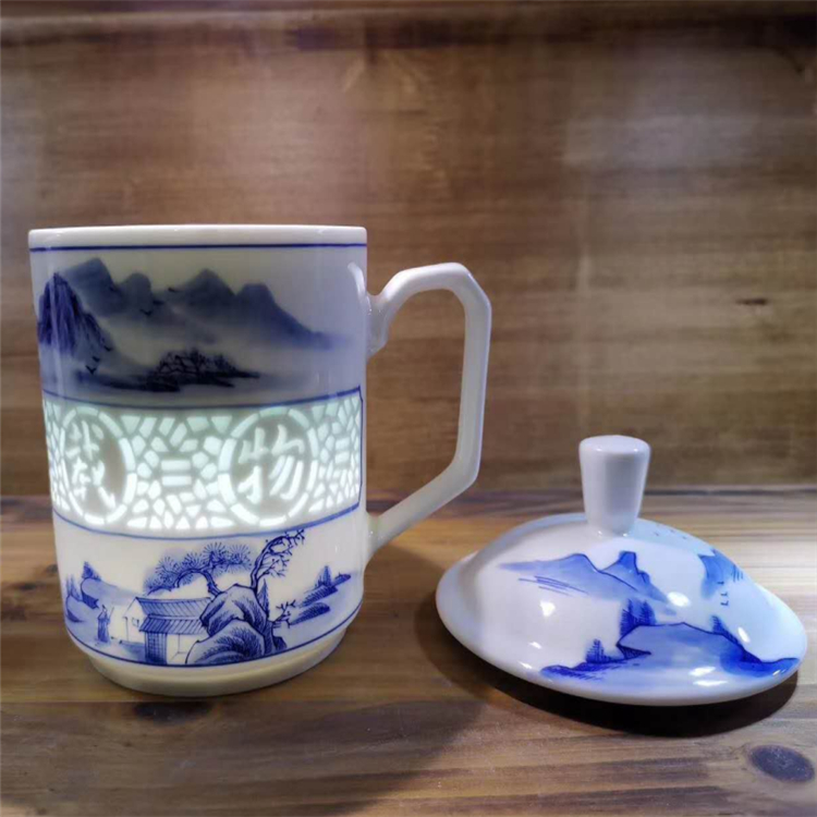 景德镇陶瓷三件套杯 办公茶杯陶瓷青花手绘 亮丽陶瓷