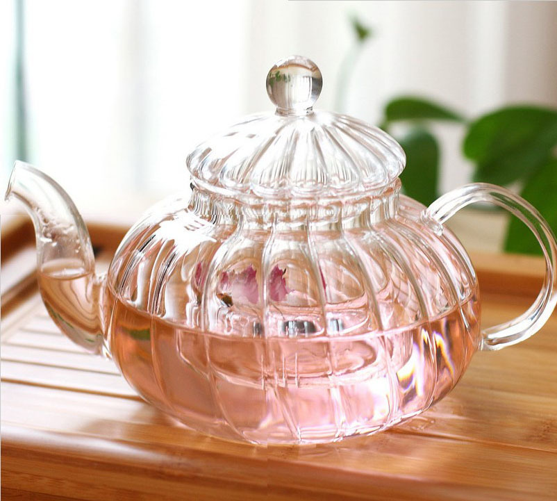 玻璃茶具套装条纹南瓜壶花茶壶带内胆 烧水壶玻璃电热水壶图片