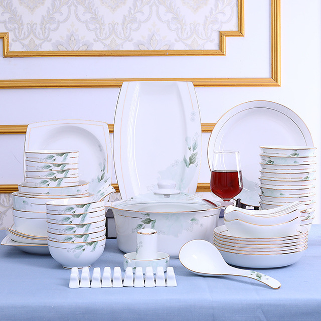 厂家出售 景德镇陶瓷餐具套装 高档骨瓷整套餐具 碗盘碟家用中式镶金边陶瓷餐具图片