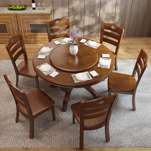 2019新款实木餐桌新 进口橡胶木圆桌 中餐厅餐桌椅 中式大圆桌餐桌椅组合选众美德图片