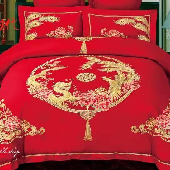 新中式加厚全棉磨毛新婚四件套结婚床单被套大红婚庆套件床上用品