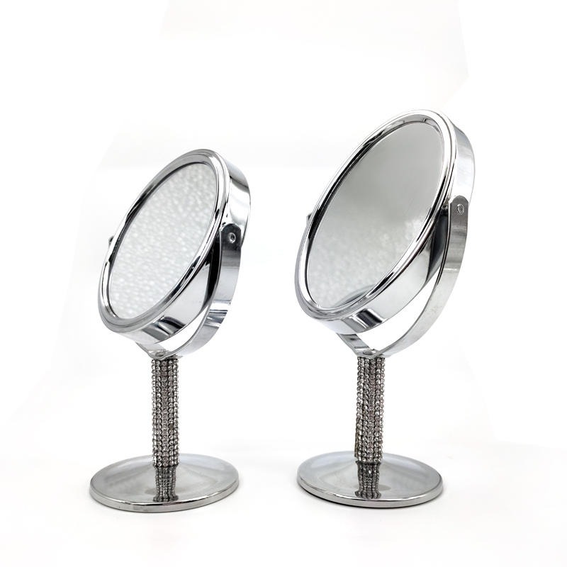 金属3寸小台镜厂家定做椭圆形台式化妆镜创意款贴钻台镜便携宿舍双面镜子