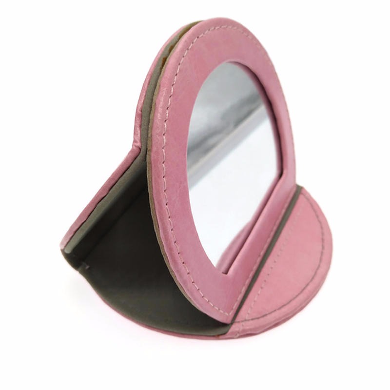 PU皮革三折折叠镜商务礼品定制圆形便携化妆镜子厂家定做可印LOGO